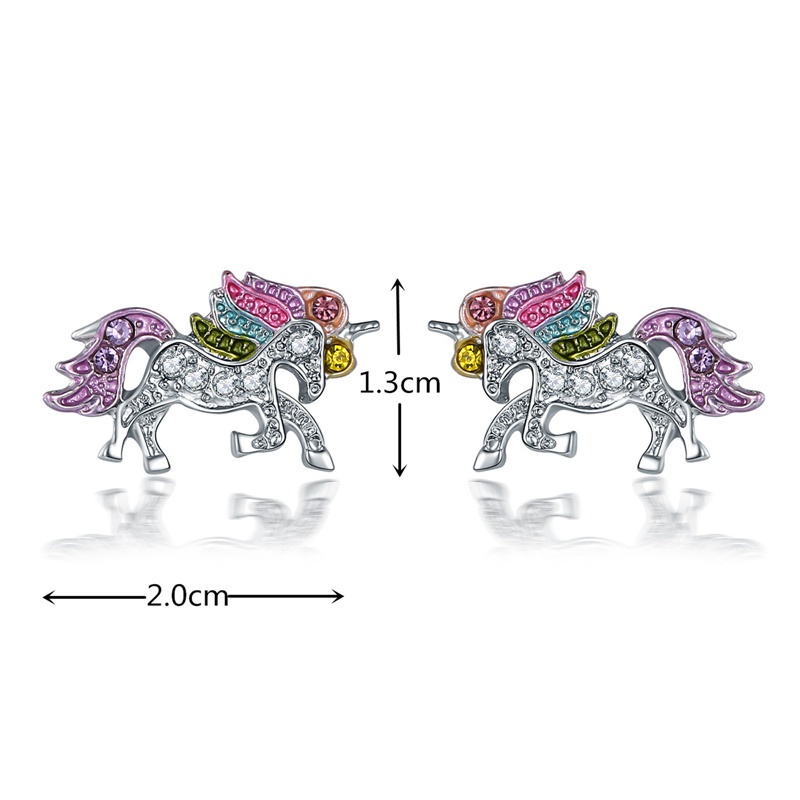 Fancyqube Anting Stud Desain Hewan Unicorn Aksen Kristal Warna-Warni Untuk Wanita