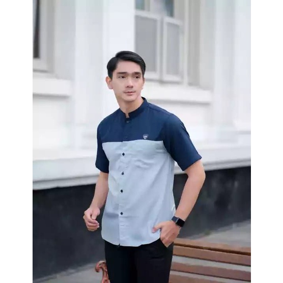 Baju Koko Kurta Dewasa Lengan Pendek Material Catton  Adem Serap Keringat-NAVY ABU