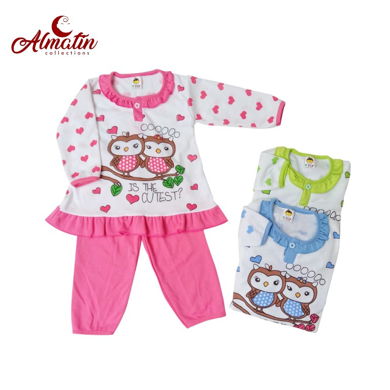 Setelan Baju Piyama Panjang Bayi Perempuan Motif Owl Murah / Baju Bayi Piyama Owl Rifky (3 Pasang)