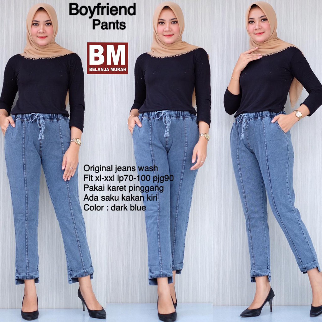 Celana BoyFriend Jeans Wanita Pinggang Karet