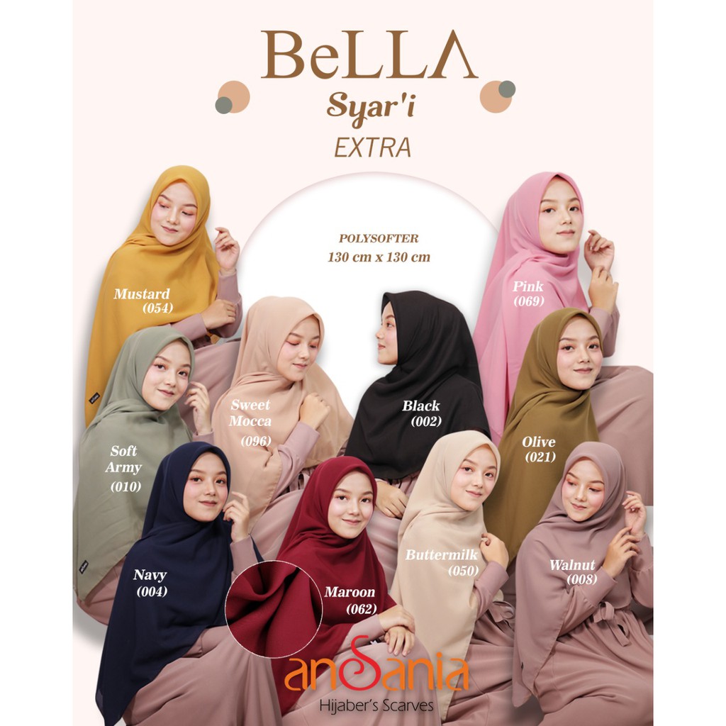 Jilbab Syari Bella Square Grande Ukuran 130 x 130 polycotton ansania Original | Shopee