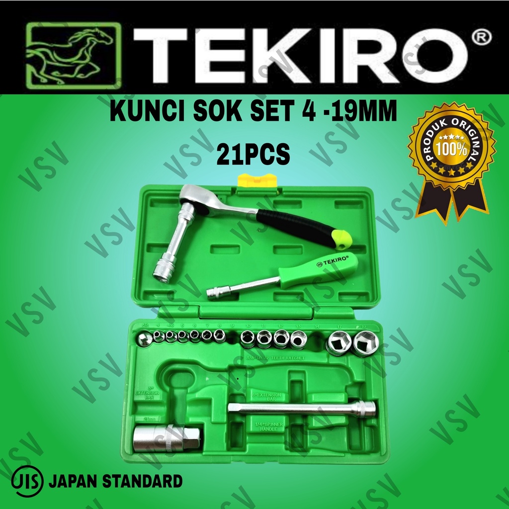 TEKIRO Kunci Sok set 4-19mm 21pcs 1/4&quot;-3/8&quot; Drive Hand Socket set 21pcs