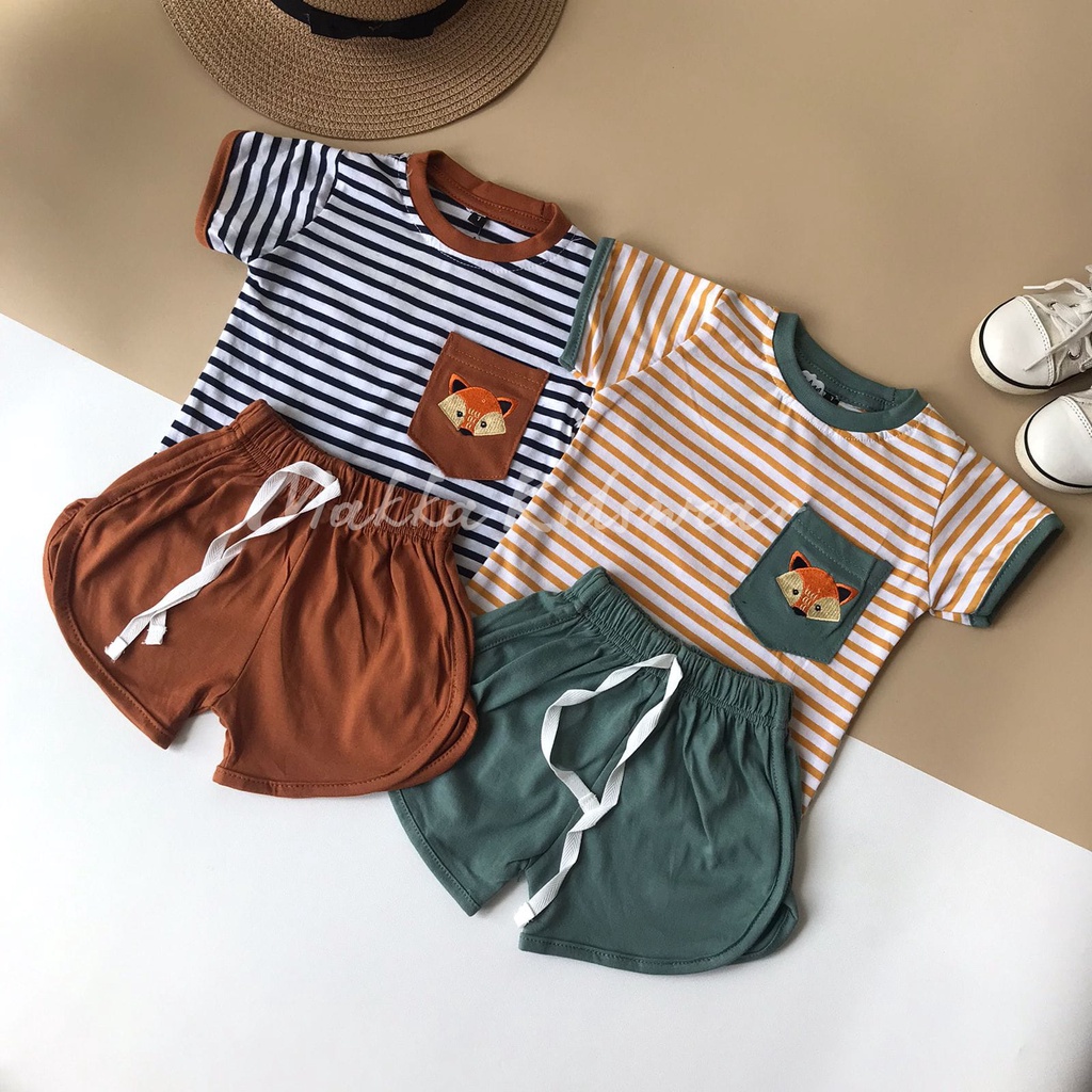 SETELAN ANAK STRIPES POCKET COWOK CEWEK  (0-4 TAHUN)