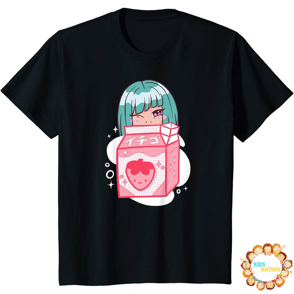 Baju anak Cute Anime Kawaii Girl with Strawberry Milk - Kawaii Anime T-Shirt