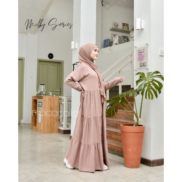 Dress Polo Lady katun Rayon Twill Premium busui wudhu friendly full kancing jumbo cokelat caramel