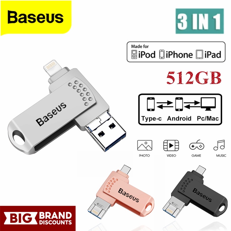 3in1 OTG USB Pendrive Flash Drive Eksternal 512GB Anti Air Untuk iPhone / Tipe C / PC