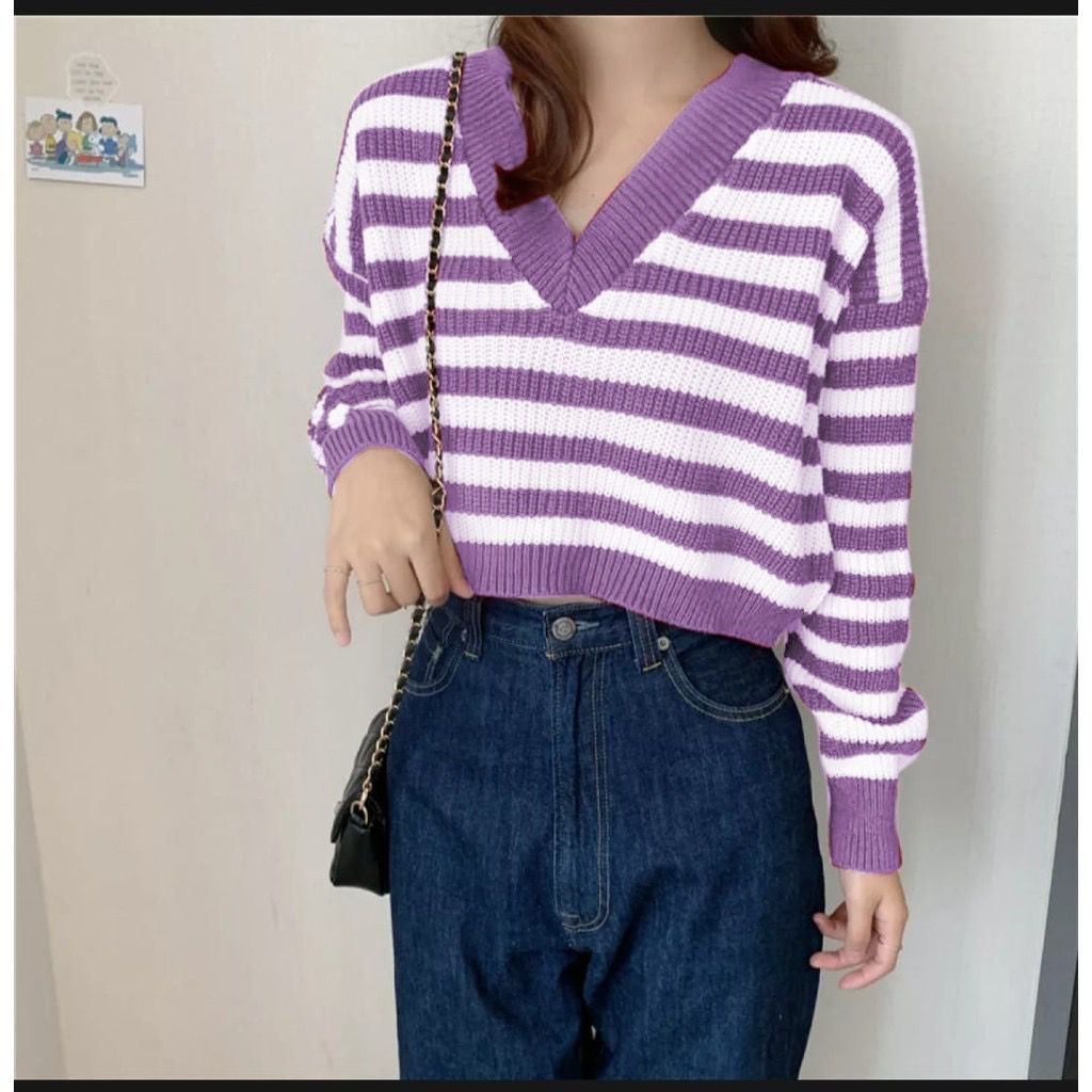 Belleza Outlet baju rajut Cardigan rajut atasan wanita Natalia Stripe