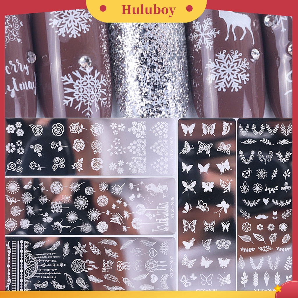 Huluboy Huluboy♡ Plat Stempel Kuku Bahan Stainless Steel Motif Print Bunga / Daun Untuk Manicure / Nail Art DIY