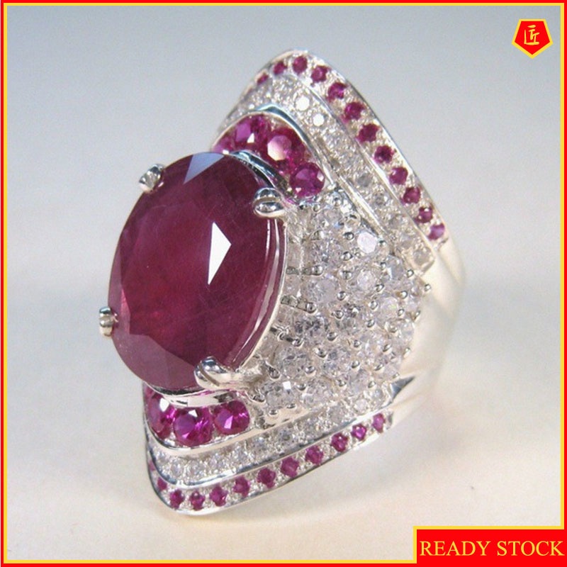 [Ready Stock]Inlaid Ruby 925 Silver Ring European and American Exaggerated