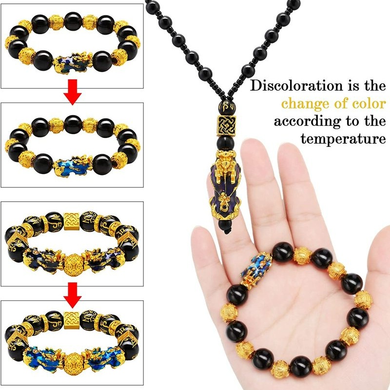 Gelang Tangan Manik-Manik Batu Obsidian Pixiu Feng Shui Adjustable Bahan Alloy Untuk Pria / Wanita