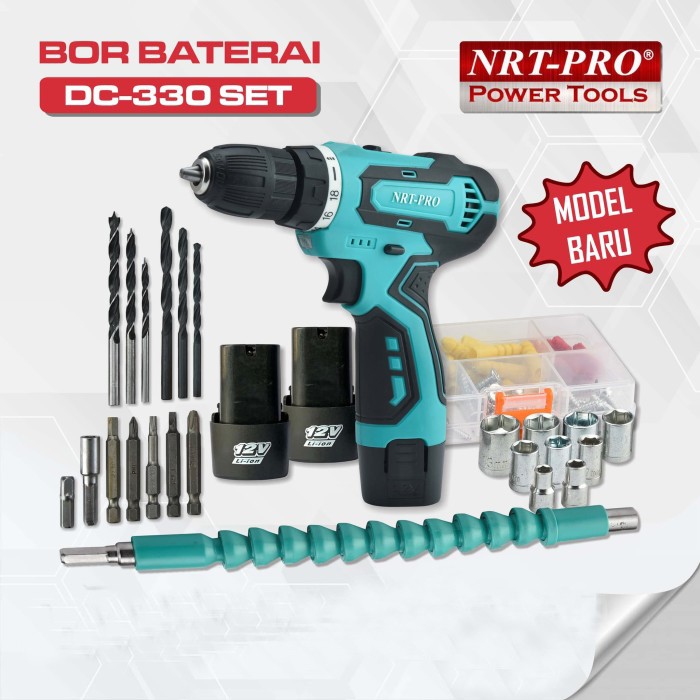 TERBARU!!! BOR CORDLESS BATRE BATERAI NRT PRO DC 330 SET MESIN BOR CAS NRT