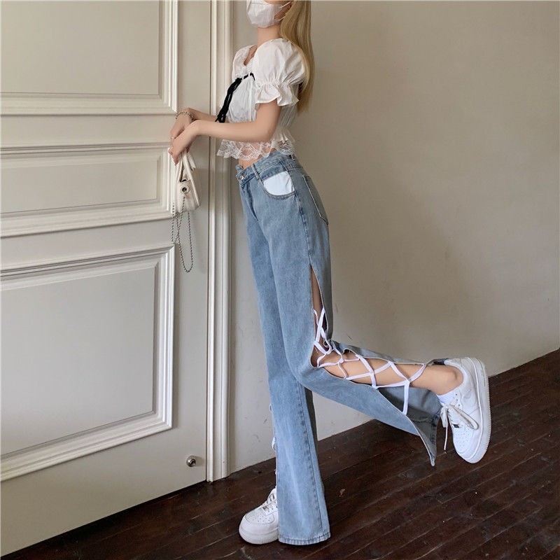 Suhao Musim panas Baru Vintage Hyun-ah Sisi Slip Celana Spice Girl Fried Street Jeans Celana Panjang Wanita Slim Fit Lebar Celana