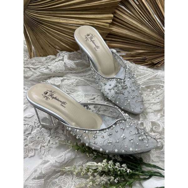 sepatu wedding wanita yasmika silver tinggi 7cm kaca