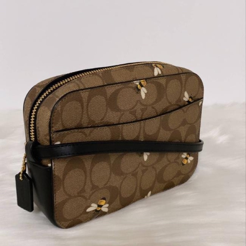 Coach Camera New Mini Signature Canvas With Bee Print / Brown Crossbody bag (C8671)