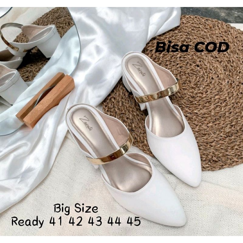 Sandal Bustong Slide Wanita Big Size 41-45 / Higheels Cewek Feminim Chunky Putih /Slop Formal Bustong Jumbo Besar, 43