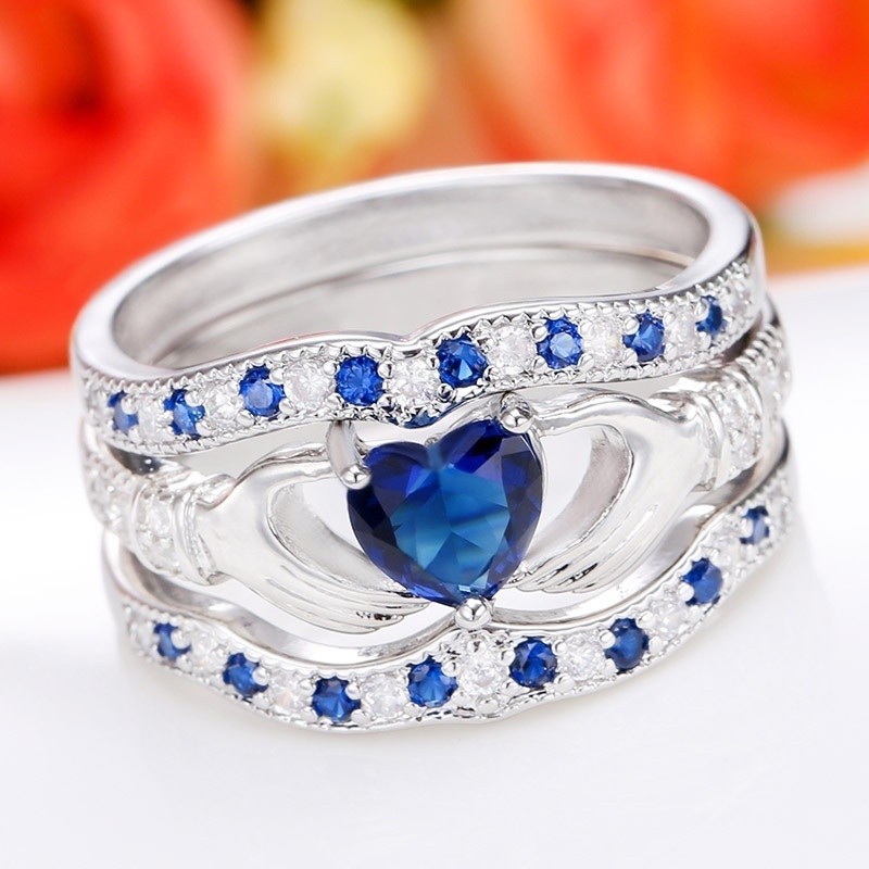 SeuSuk 3pcs Claddagh Heart Cut Sapphire&amp;Silver Crystal Ring Wedding For Gifts