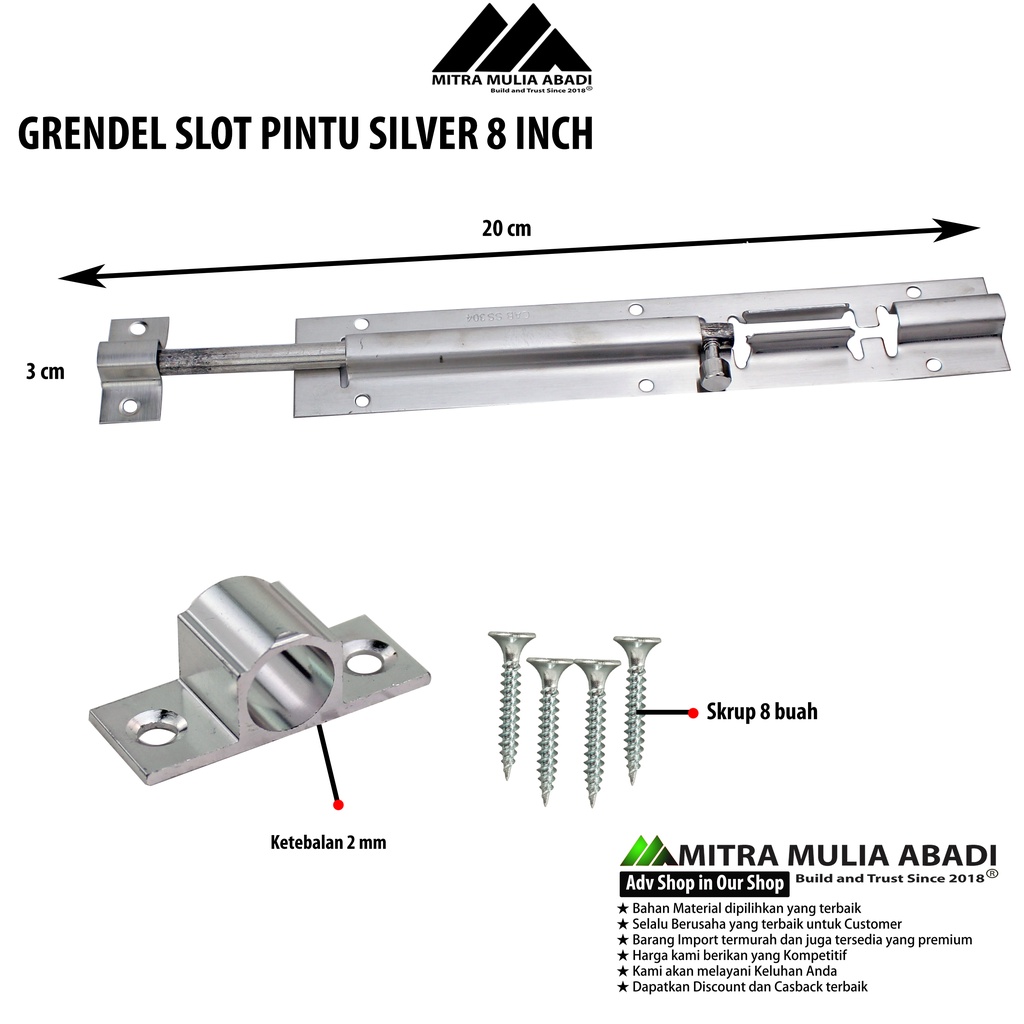 Grendel Slot Pintu Jendela 8 Inch Selot Stainless + Skrup