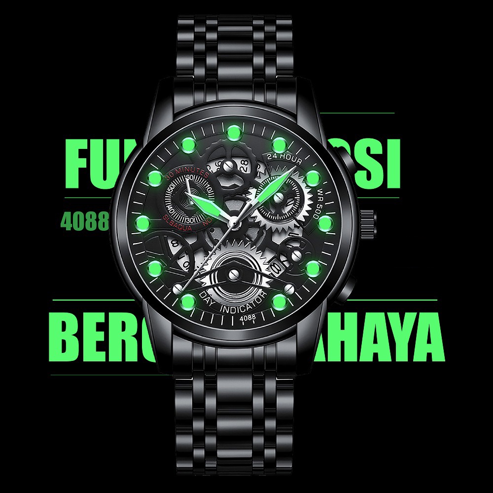 FNGEEN 4088 Jam Tangan Pria Original Anti Air Luxury Stainless Steel Desain Berongga-Ukiran Fashion Quartz Bercahaya Watch