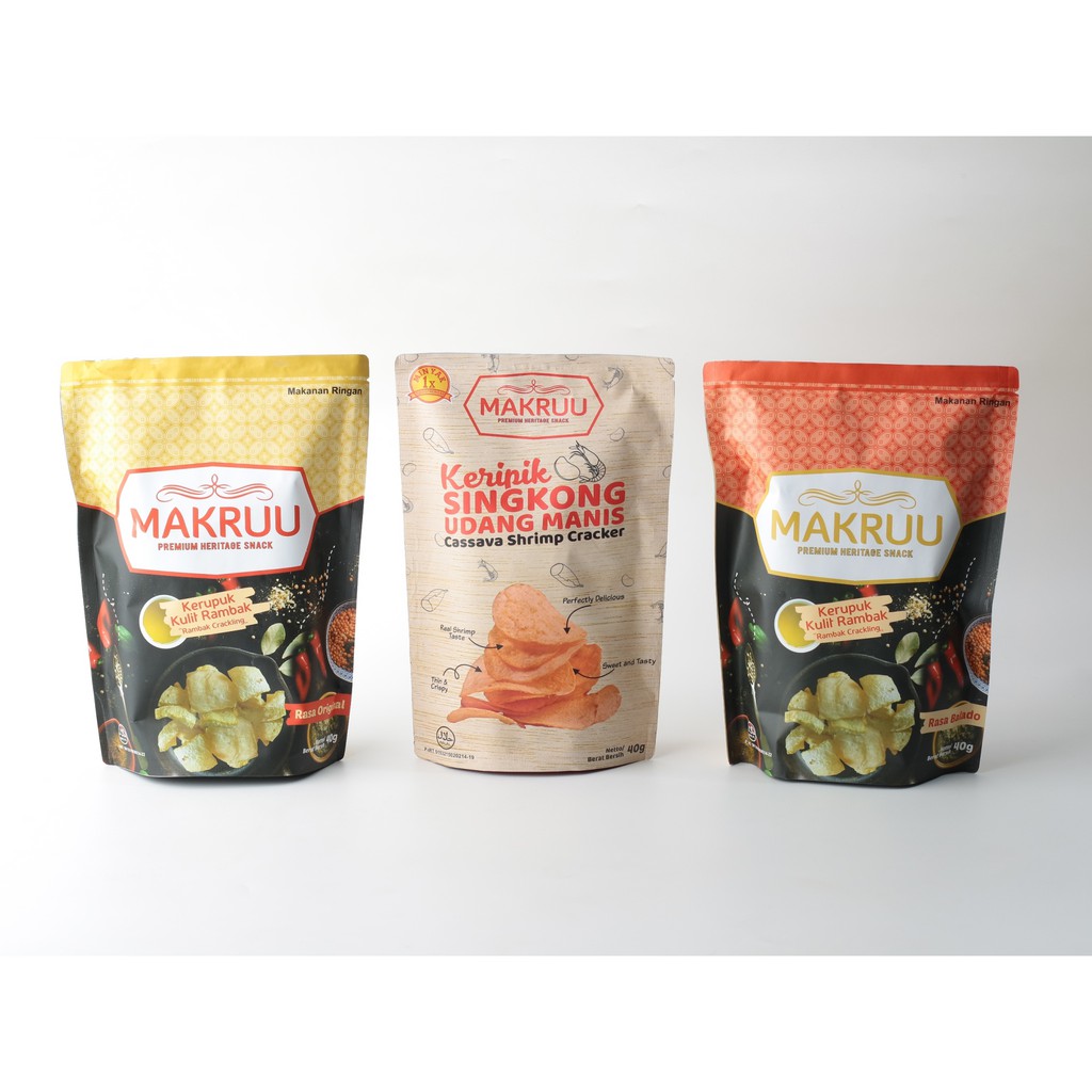 

[MAKRUU Bundling 3 pcs] Kerupuk Rambak Kulit Sapi & Keripik Singkong Udang Manis
