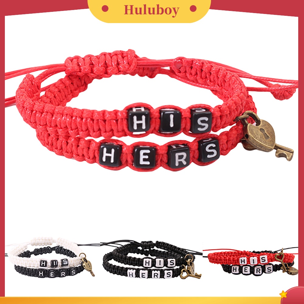 Hu Hu Hu Hu Hu Alat Bantu Pasang Kacamata♡ 2pcs / Set Gelang Bangle Handmade Bahan Woven Motif Tulisan HIS HERS Untuk Pasangan