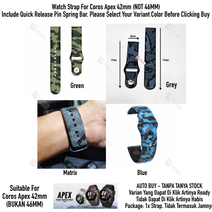 RMY Tali Jam 20mm Watch Strap Coros Pace 2 - Camo Army Rubber Silikon