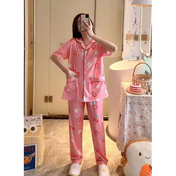 Piyama cp kancing jumbo import/baju tidur cp wanita import murah C08T