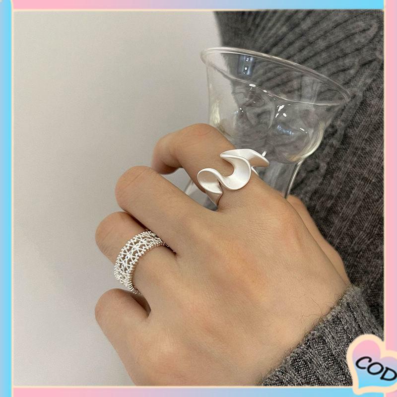 COD❤️ Cincin Renda Zirkon Gelombang Matte Pembukaan Cincin Sederhana Wanita yang Dapat Disesuaikan-A.one