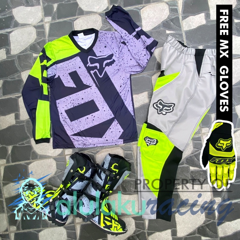 Jersey, Celana, Sarung Tangan &amp; Sepatu Fullprint with Protectors Fullset MX Trail Motocross - Paket Bundling FOCTFF031401-F44