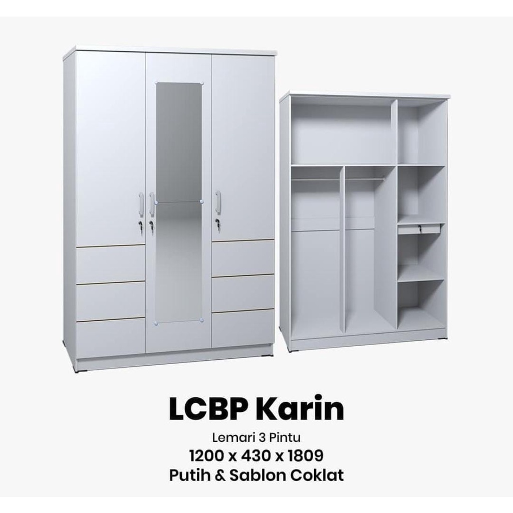 Lemari Pakaian Baju 3 Pintu Putih Minimalis Cermin Laci Kaca