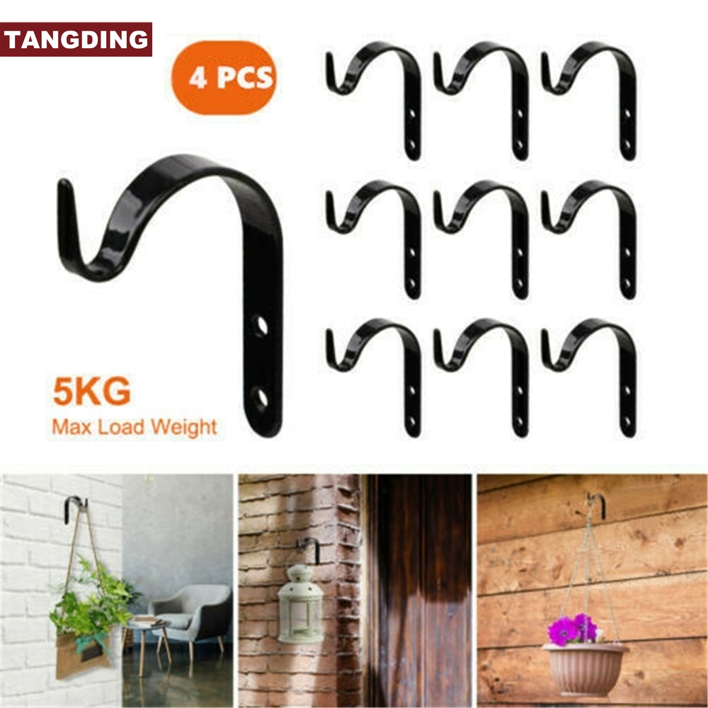 【COD Tangding】4Pcs/Set Metal Hanging Basket Brackets J-shaped Black 71mm Wrought Iron Hook Garden Plant Hanger Wall Decor