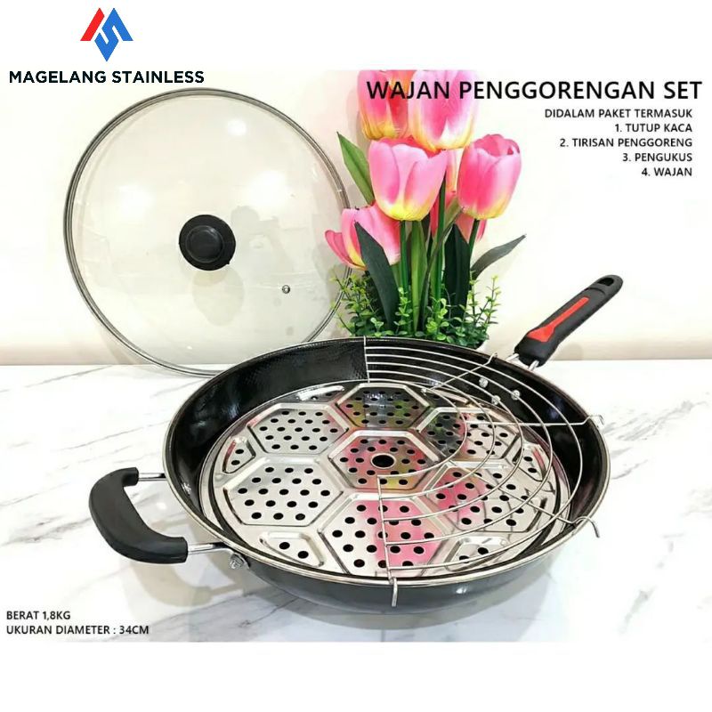 GSF WAJAN ENAMEL TUTUP KACA 32CM/PENGORENGAN+ STEAMER