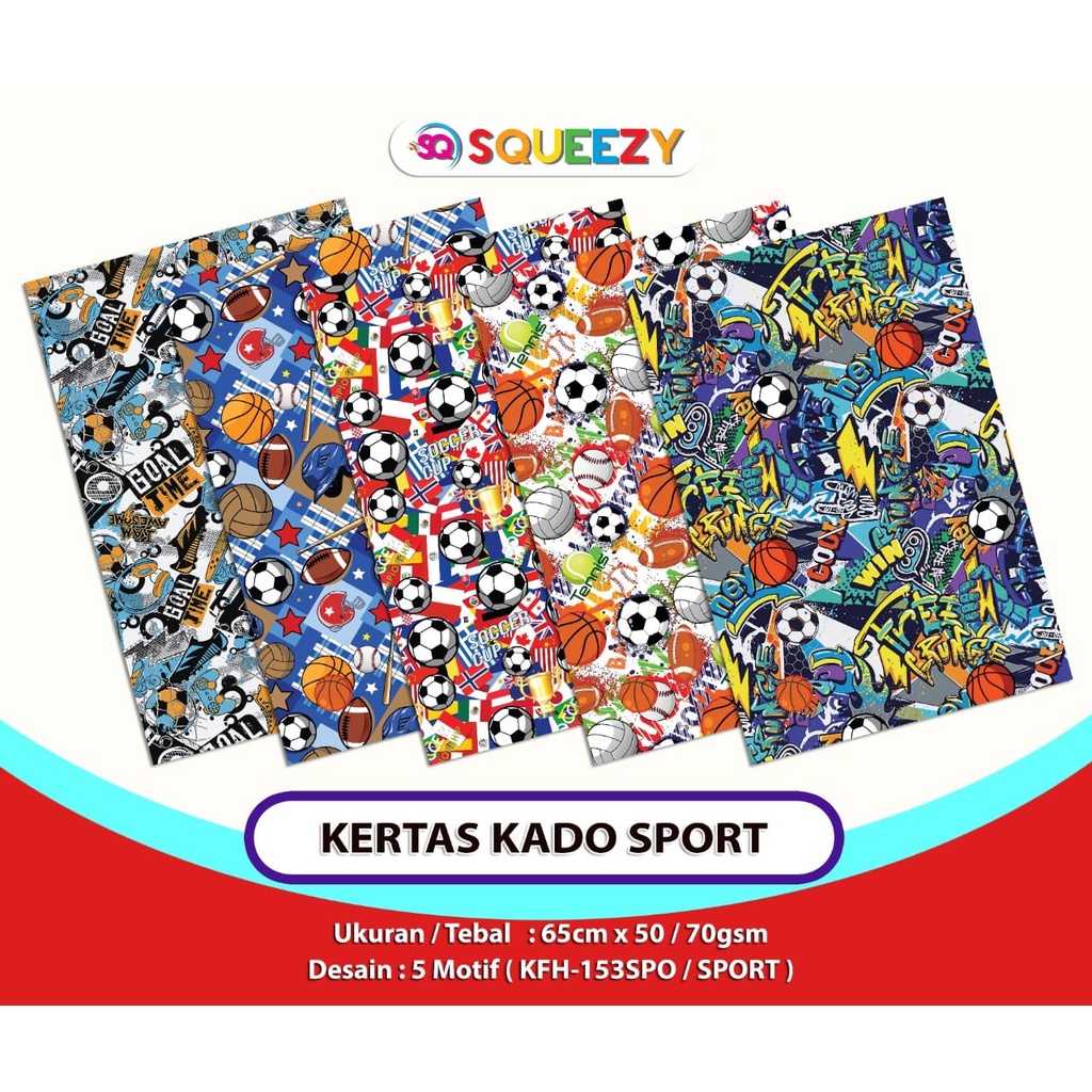 ( 5 Lembar MIX ) KERTAS KADO SQ DOFF - GIFT WRAPPING PAPER POLKADOT COLOR XMAS NATAL / “GREEN WHITE RED ORANGE BLUE JUNGLE SAFARI ZOO SPORTS BALL SOCCER BASKETBALL