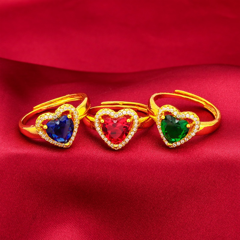 Cincin Model Terbuka Lapis Emas Emas Asli Kadar 375 Desain Hati Ruby Emerald Biru Dapat Disesuaikan Untuk Wanita