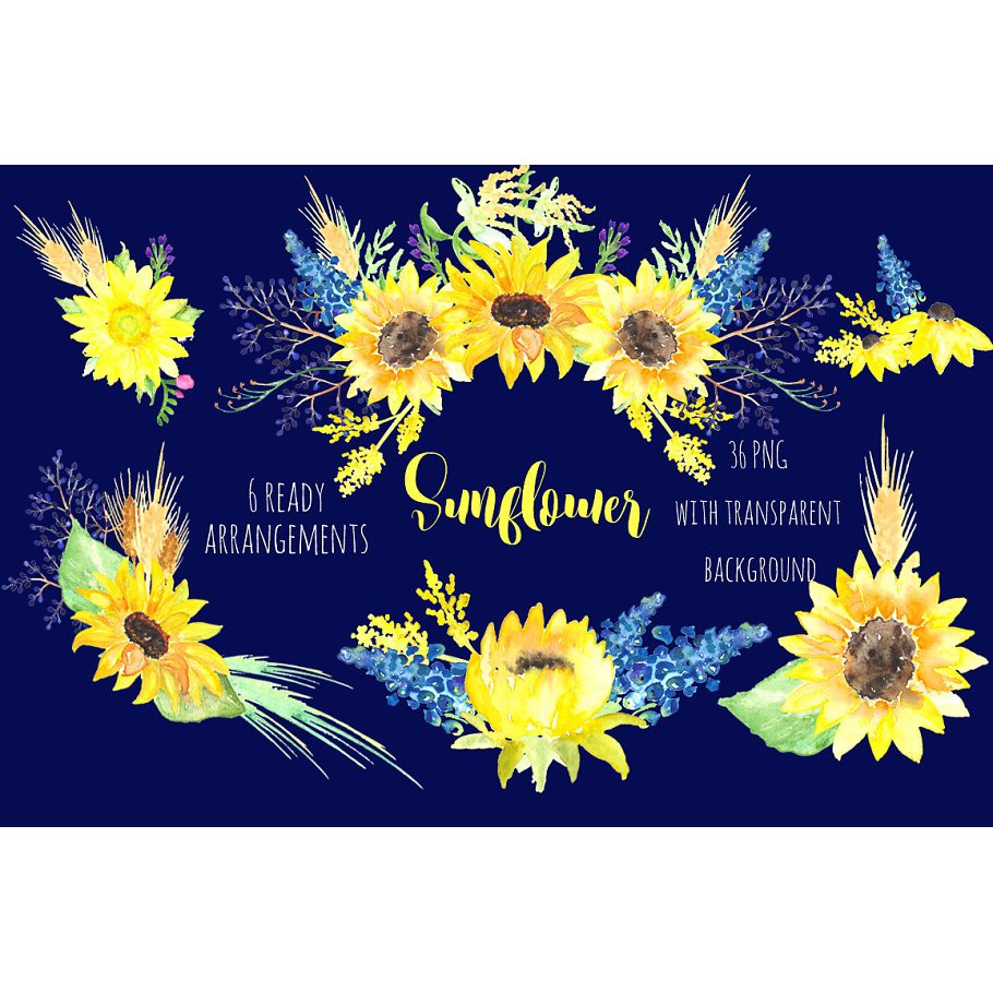 Sunflowers Gold Water Color Clipart - JPEG Ultra HD
