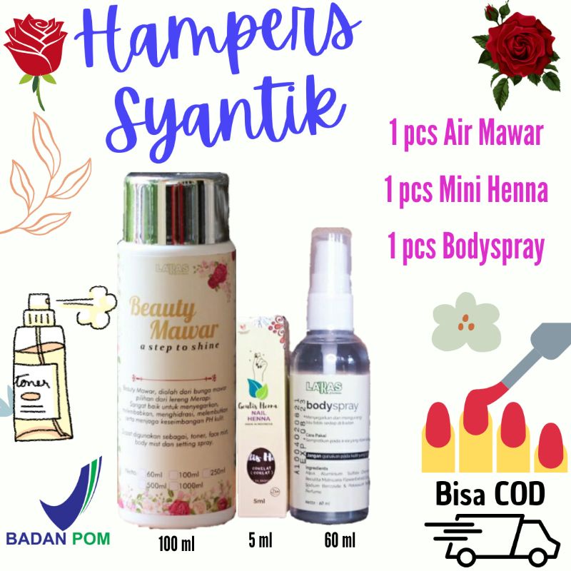 [Hampers Syantik | BPOM] Air Mawar | Toner, Mini Henna Halal Muslimah, Bodyspray Deodorant Alami