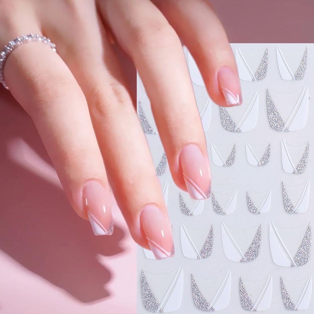 MXBEAUTY French Tips Stiker Kuku Putih Kreatif Perekat Diri Wanita Putih Garis Miring Glitter Garis Perancis Gadis DIY Manicure Aksesoris White Sliders Decals