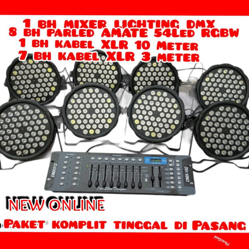 PAKET 8PCS LAMPU PARLED AMATE 54 LED RGBW+MIXER LIGHTING DMX KOMPLIT