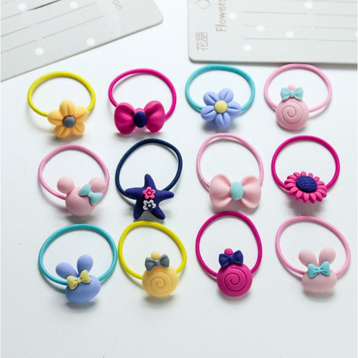 - 5 pcs - Ikat Rambut Anak Bandul Karakter / Karet Kunciran Rambut Anak / Karet Kuncir Warna Warni