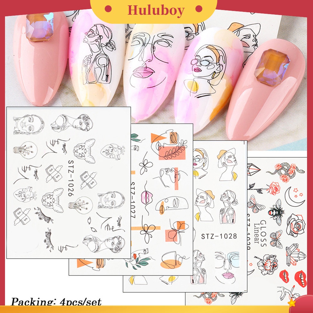 Huluboy Huluboy♡ 16 Lembar Stiker Kuku Motif Garis / Wajah Untuk Dekorasi Manicure