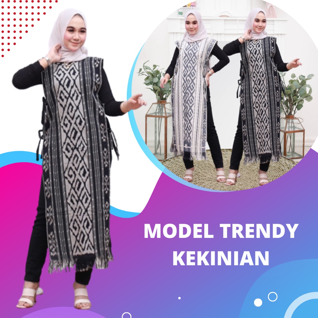 Long Vest Outer Wanita Muslim Hitam Putih Tenun Etnik Baju oter Muslimah Rompi Panjang Tanpa Lengan-6