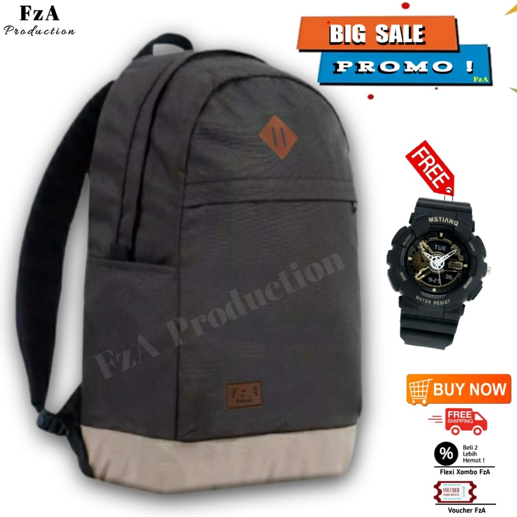 Tas Ransel Punggung Distro Casual Pria Wanita / Tas Ransel Laptop Original - FzA Gratis Jam Tangan Sport