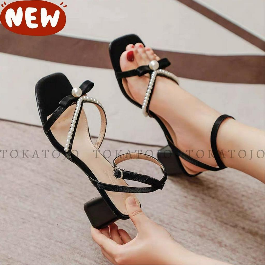 Sandal Hak tahu 5 cm aksesoris mutiara temali cantik dan elegan Sandal Heels kekinian terbaru