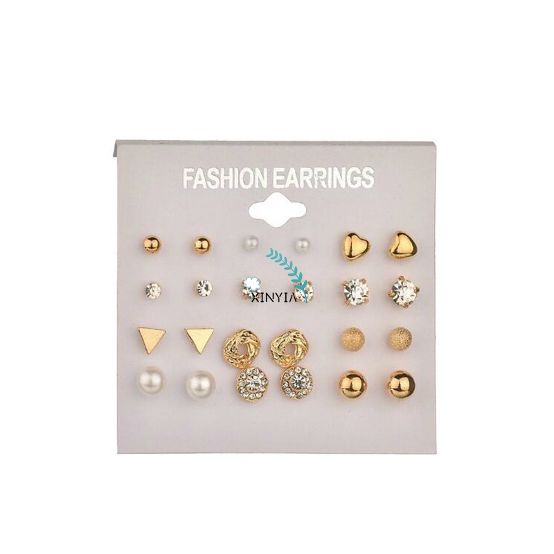 12 Pasang/Set Anting Tusuk Stud Model Variasi Berlian Imitasi/Hati/Mutiara untuk Wanita