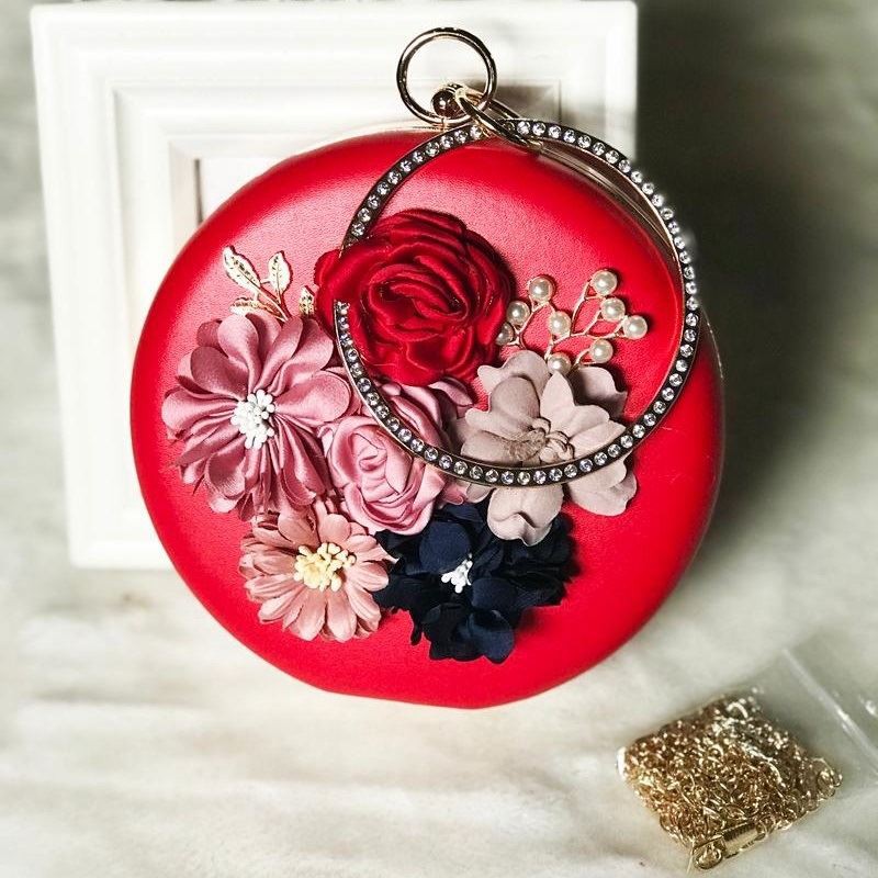 JT0064-red Tas Pesta Bulat Bunga Import Cantik