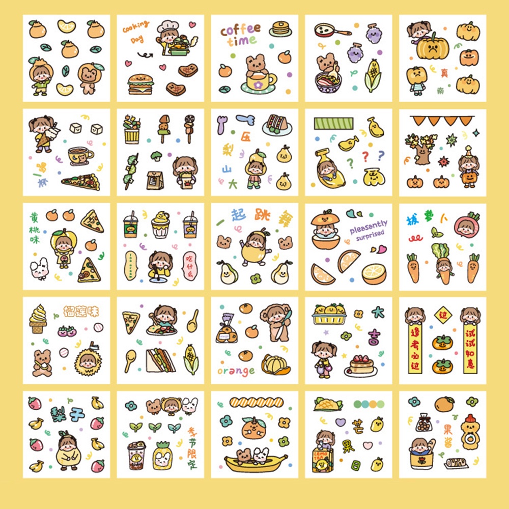 QUINTON Gift Box Kawaii Sticker Set Cartoon Stationery Decorative Sticker Packing Decoration DIY Scrapbooking Waterproof 100 pcs/box Drink Food Animals Girls Pattern Diary Photos Albums Adhesive Decals