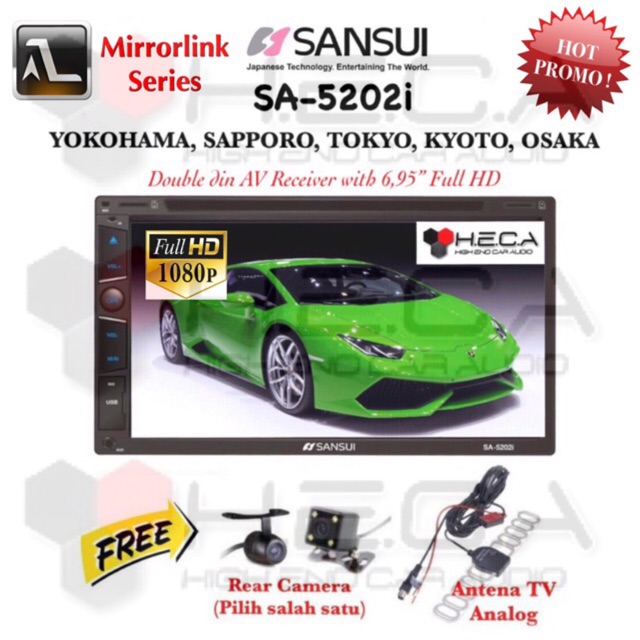 SANSUI SA-5202i Mirrorlink AutoLink FULL HD SA5202i Head Unit Tape Double din Tv Mobil & Rear Camera