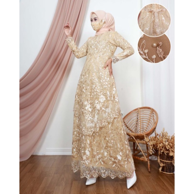 Permata Olshop / Gamis Tingkat Runcing Claudia2 NK / Kebaya Gamis Modern Tulle Terbaru / Gamis Pesta Mewah / Kebaya Gamis Seragam Nikah