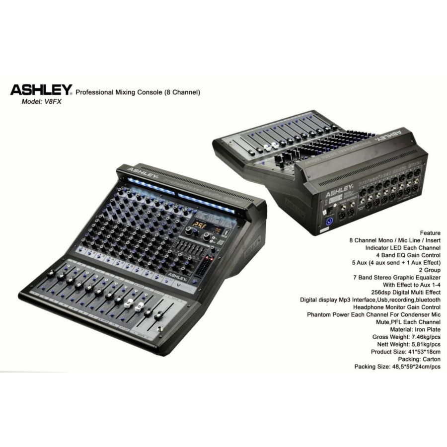 Mixer Audio ASHLEY V8FX 8 Channel USB Bluetooth Original