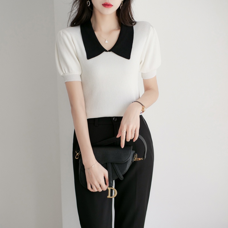 【Elegant】Summer Korean  Retro Soft Knit V Neck T-Shirt 7480