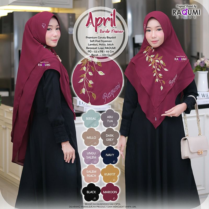 April Bordir Khimar Payet ORI Berlabel Raqumi Hijab Bahan Ceruty Babydoll Premium Berlogo Payet Raqu